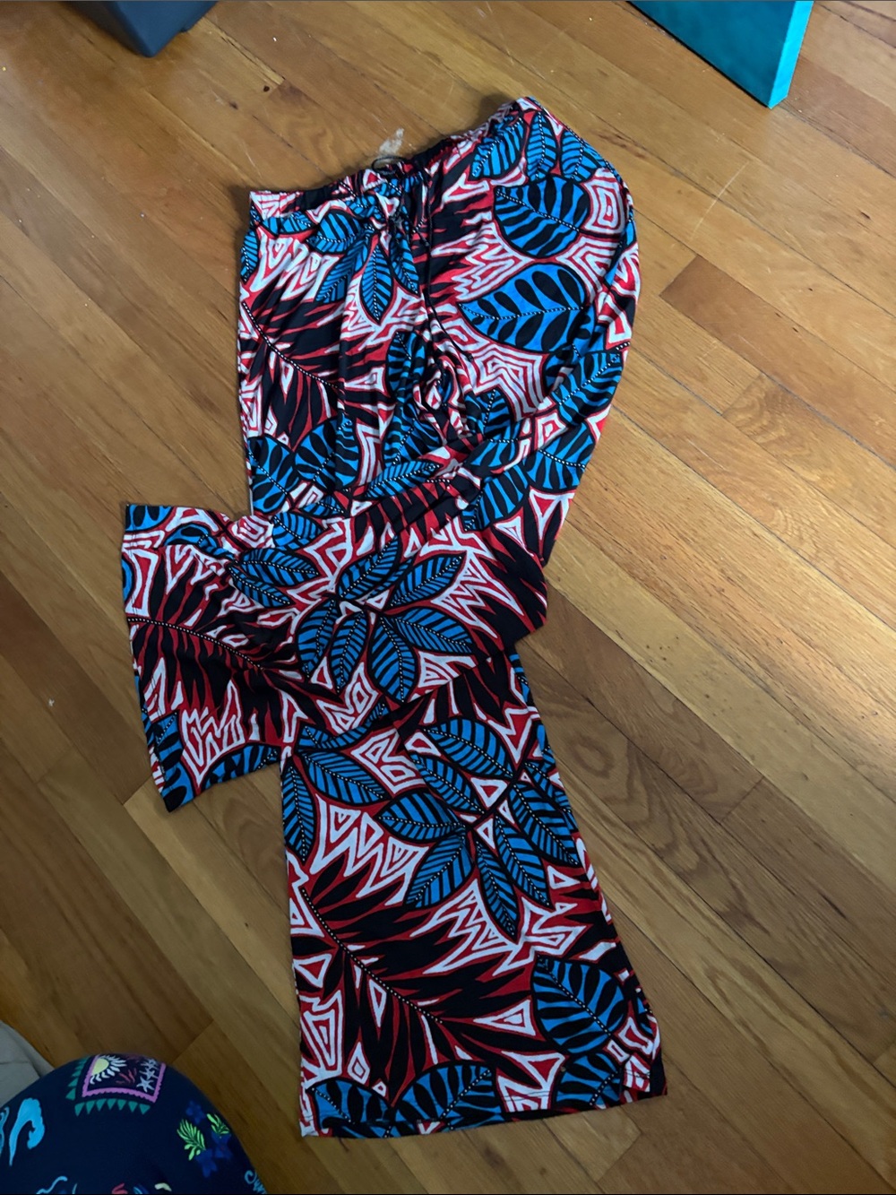 Printed Strapless Jumpsuit in Blue & Red